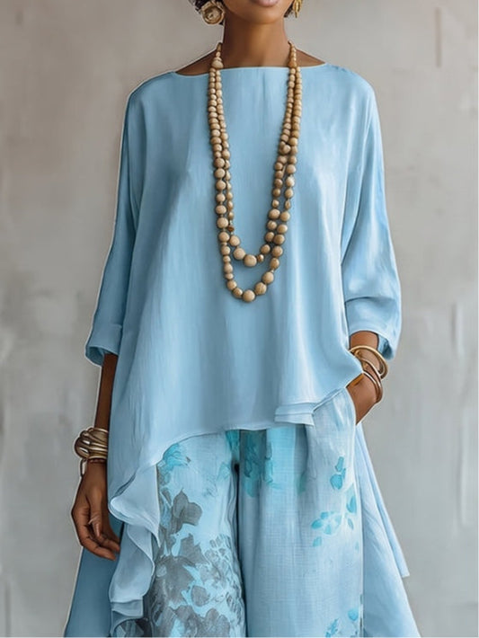 Anaïs | Ensemble Haut Asymétrique Bleu et Pantalon Large à Fleurs