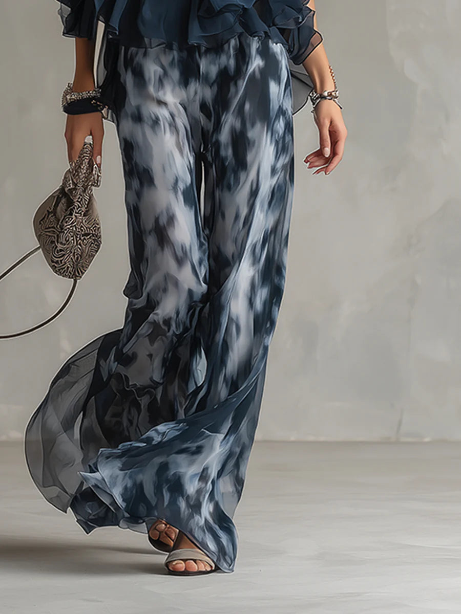 Ondine | Ensemble Haut Dos Nu Bleu Marine et Pantalon Large Imprimé en Mousseline