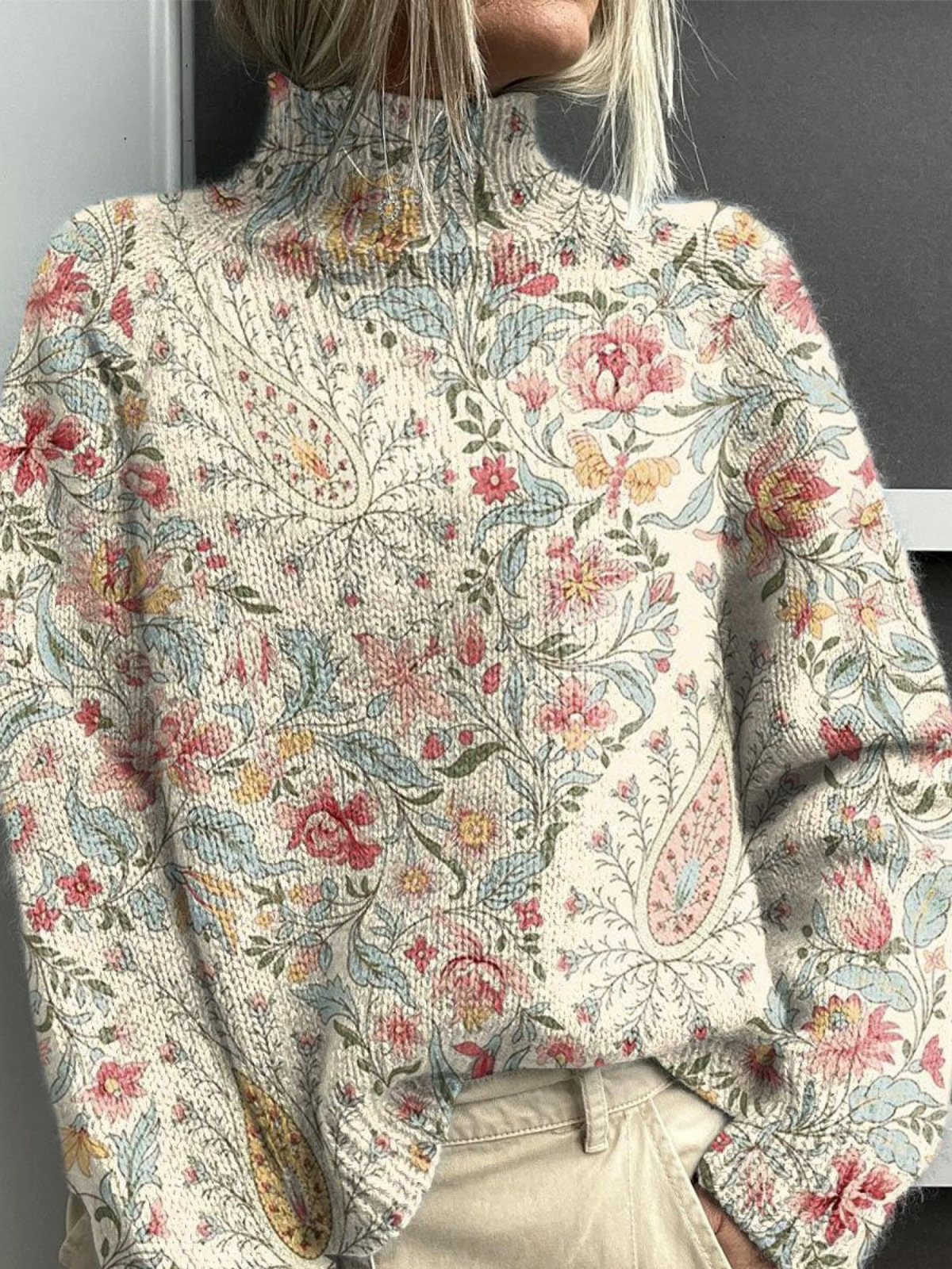 Corinne | Pull Col Roulé Fleuri Vintage