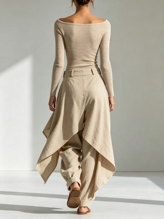 Juliette | Haut Beige Col Bateau et Ensemble Pantalon Large à Superpositions