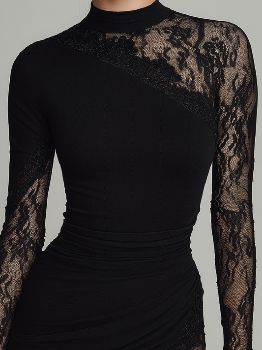 Noémie | Mini Robe Noire à Col Roulé, Dentelle et Tulle Asymétrique, Manches Longues