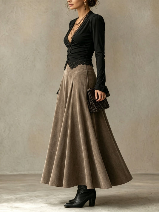Albane | Ensemble Top en Dentelle et Jupe Maxi Suédine, Noir et Taupe