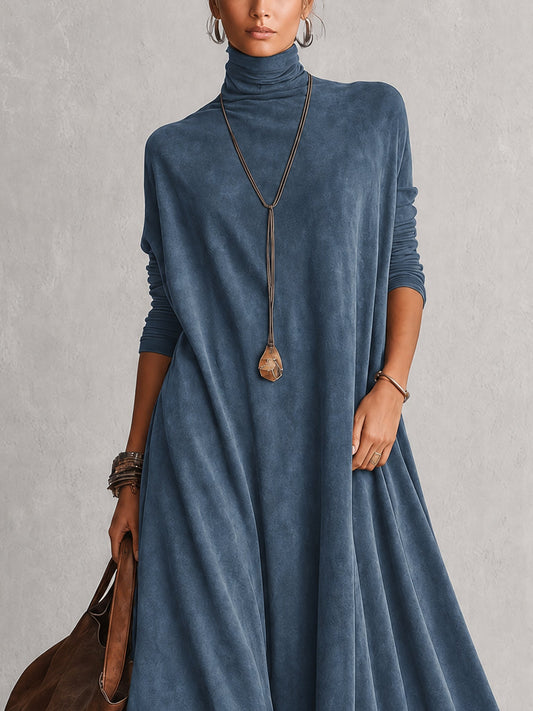 Pétronille | Robe Longue Effet Daim à Ourlet en Dentelle