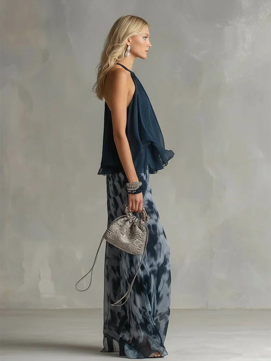 Ludivine – Ensemble Élégant en Mousseline avec Top Col Haut et Pantalon Large Imprimé