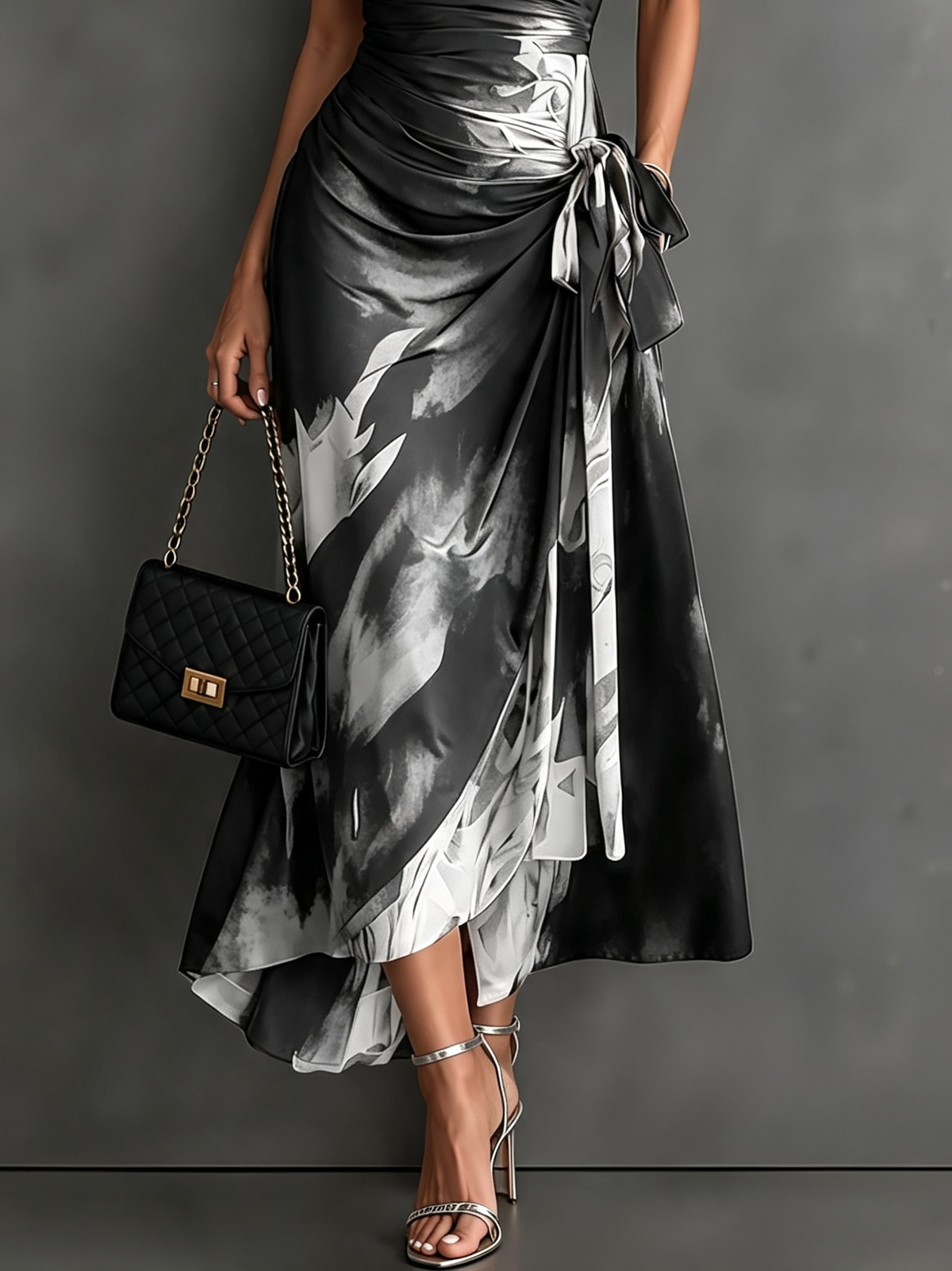 Honorée - Robe Midi Croisée à Imprimé Abstrait, Col V, Manches Courtes, Ceinture et Ourlet Asymétrique à Volant