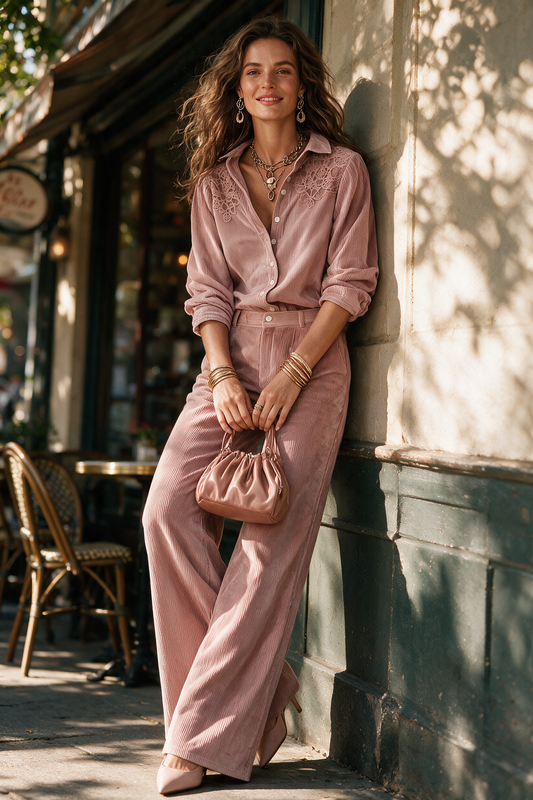 Maëlle | Ensemble Chemise en Velours Côtelé à Bordure en Dentelle et Pantalon Large Bohème