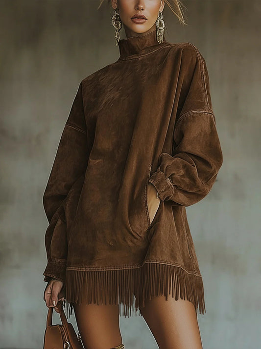Gabrielle™ | Robe en Suédine à Col Montant et Franges