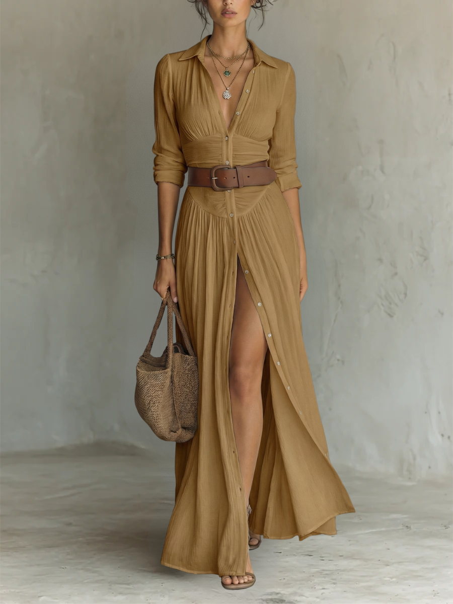 Ismérie - Robe Maxi Longue à Col à Revers et Manches Longues