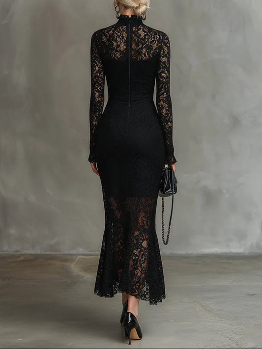Ondine | Robe Maxi Élégante Noire en Dentelle Extensible, Coupe Sirène
