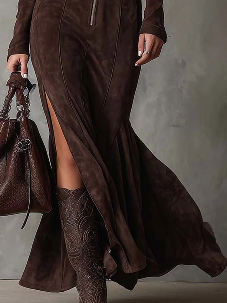 Marceline™ | Robe Longue Marron avec Ceinture
