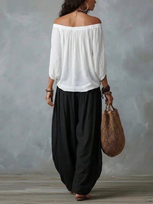 Clotilde | Ensemble Blanc Top Bustier et Pantalon Ballon Ample