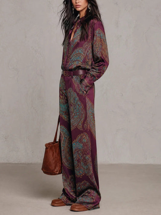 Apolline | Ensemble Chemise Satinée à Imprimé Cachemire et Pantalon Large Bordeaux-Violet (Ceinture Incluse)
