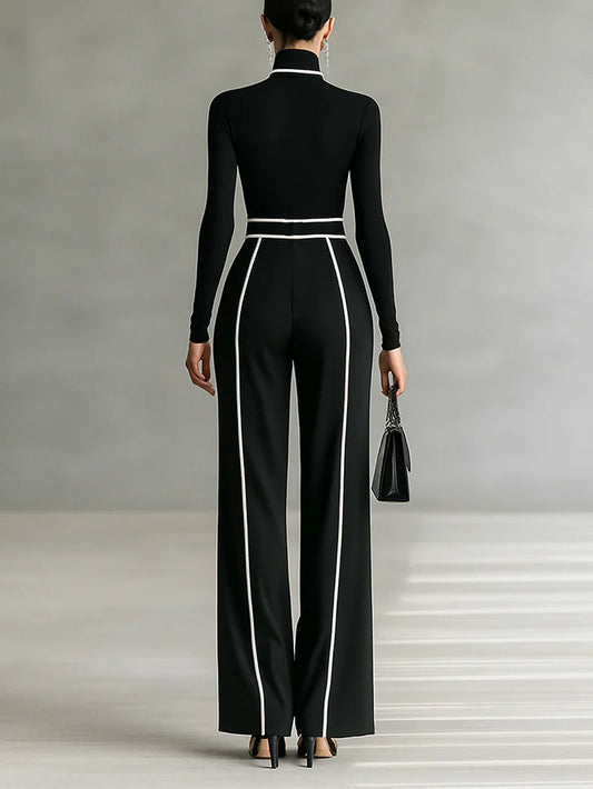 Adèle | Ensemble Col Haut à Liserés Blancs et Pantalon Large