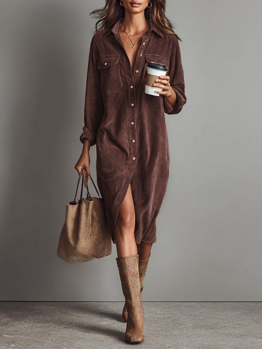Lison - Robe Midi en Velours Côtelé à Poches et Bouton Unique