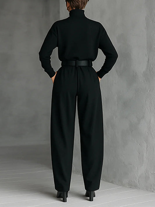 Noëlla | Ensemble Haut Col Roulé Noir et Pantalon Droit
