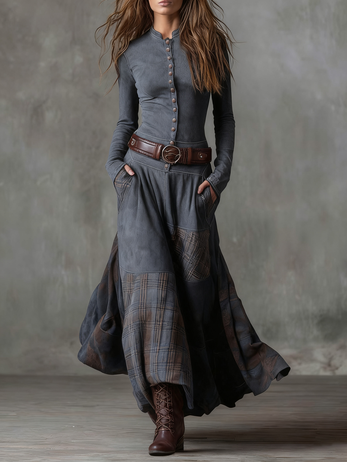 Apolonie - Robe Maxi en Suédine avec Ceinture