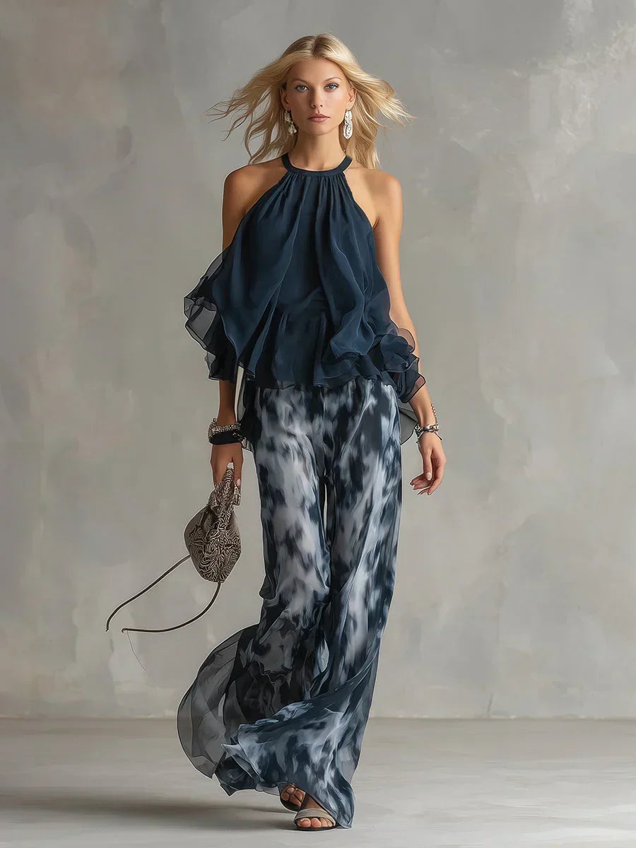 Ludivine – Ensemble Élégant en Mousseline avec Top Col Haut et Pantalon Large Imprimé