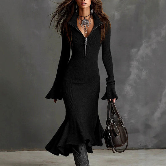 Anouk | Robe Midi en Maille Côtelée à Col Zippé pour Femme