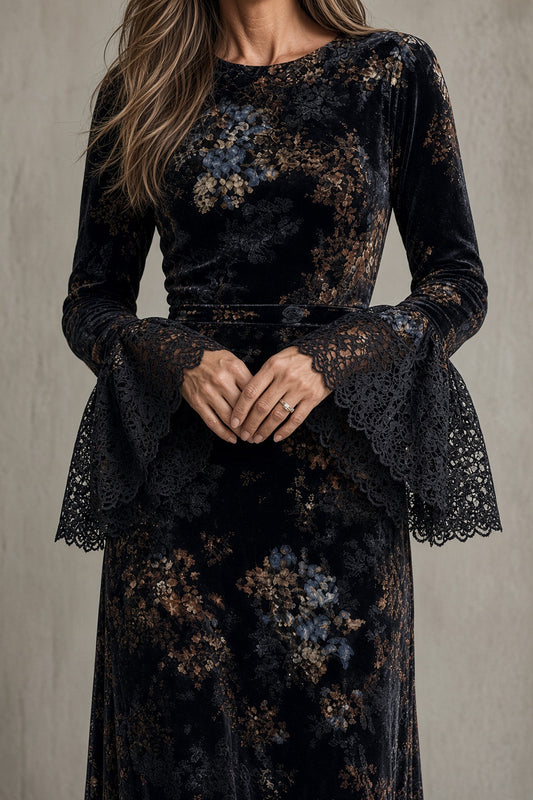 Lucie | Robe en Velours à Manches en Dentelle