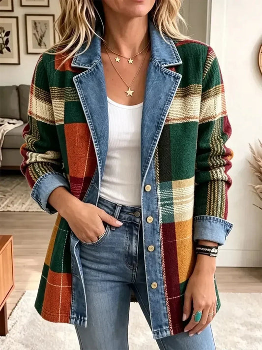 Élodie | Veste en Jean Rétro à Motif Carreaux Art Décontractée