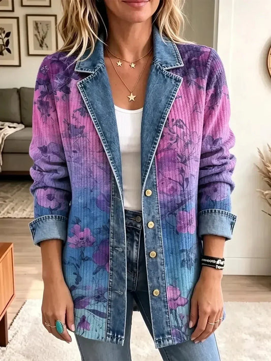 Éveline | Veste Rétro à Fleurs Style Art Tendance Violette