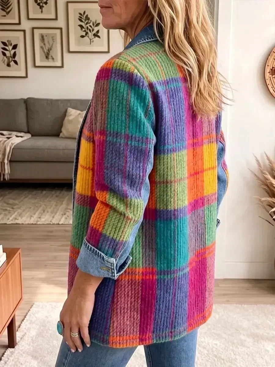 Emmanuelle | Veste en Jean Vintage Élégante Patchwork à Carreaux