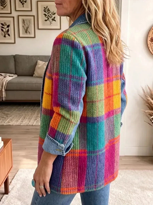 Emmanuelle | Veste en Jean Vintage Élégante Patchwork à Carreaux