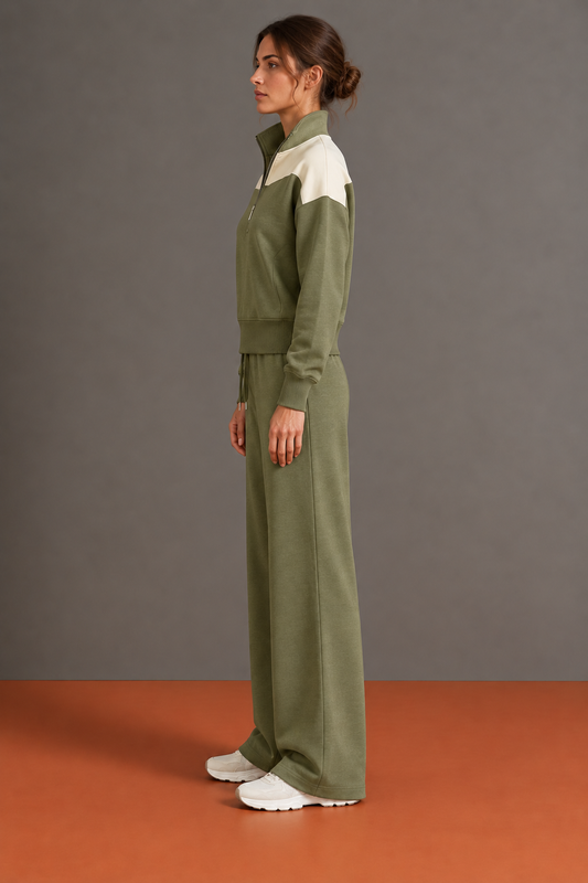 Charlotte - Ensemble Ample Demi-Zip à Épaules Contrastées