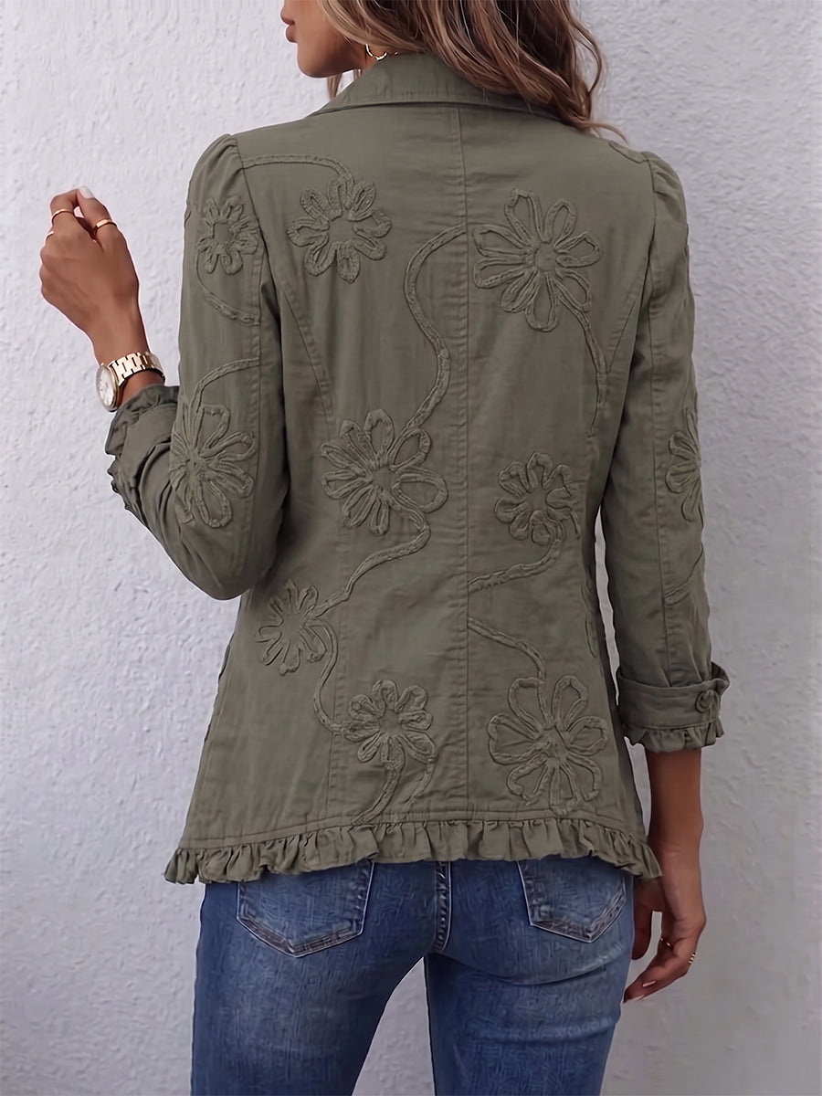 Alexandrine™ | Veste Bohème-Chic Brodée de Fleurs Vert Rétro et Finitions Froncées