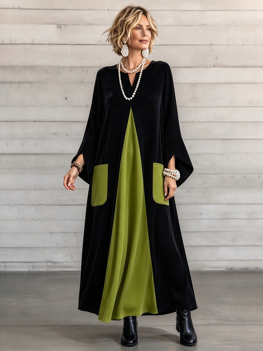 Léana - Robe en Velours Color-Block Élégante et Artistique