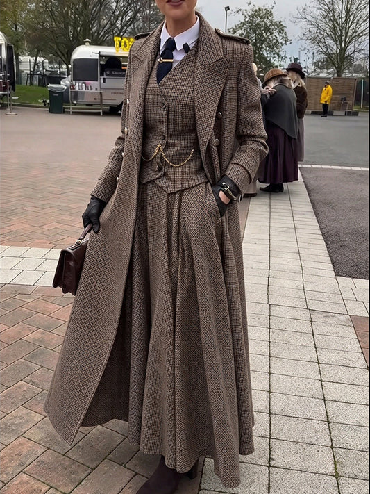 Marie-Garance - Manteau Long Vintage à Carreaux en Laine Mélangée