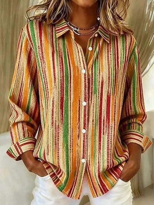 Hélène | Chemisier Vintage à Rayures Multicolores et Boutonnage Devant