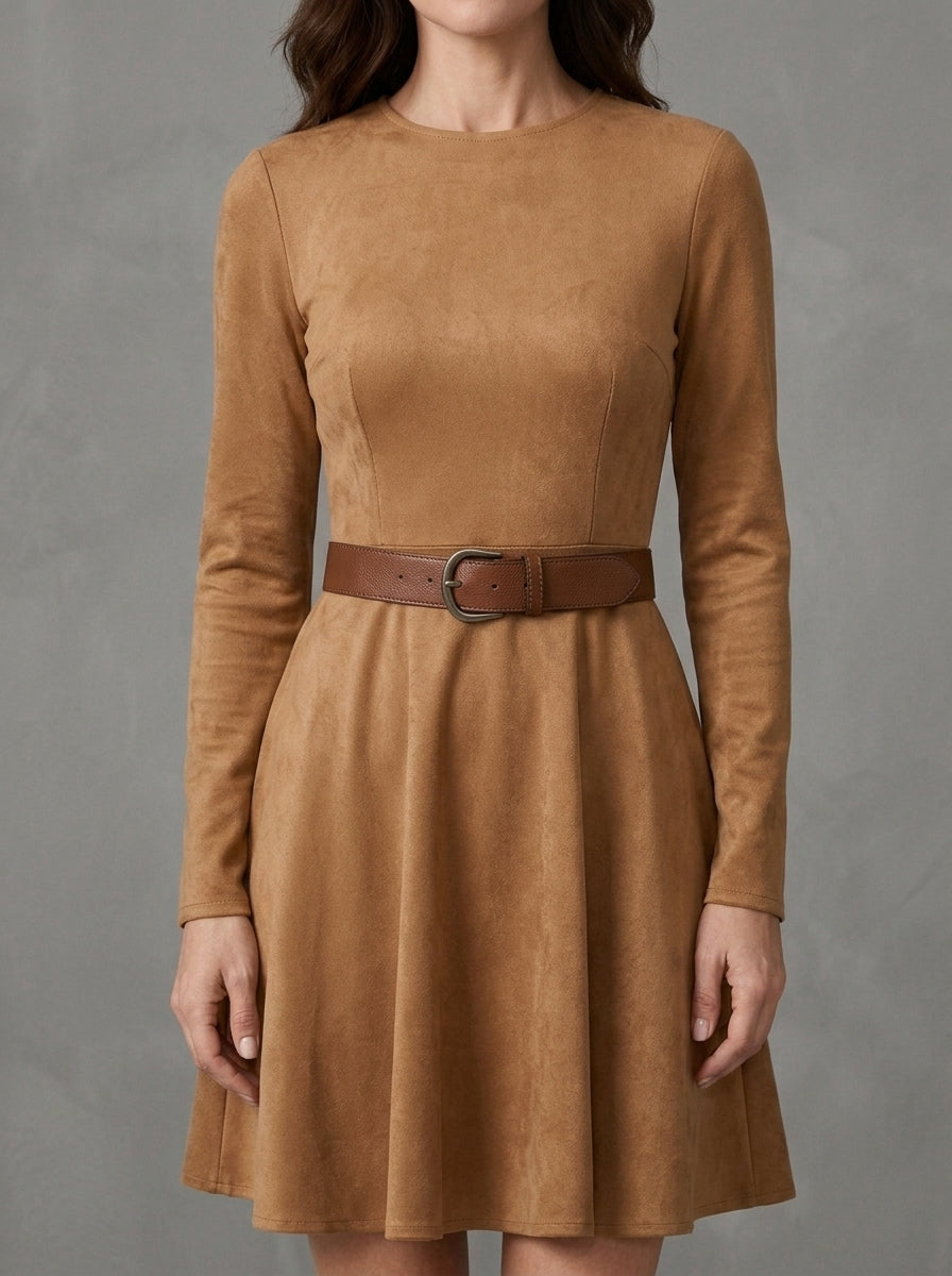 Rosita - Robe Courte Effet Daim avec Ceinture et Jupe Patineuse, Camel — photo 3