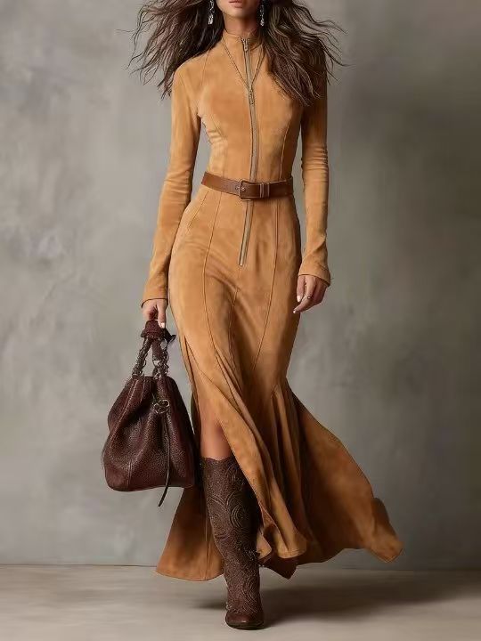 Albérine - Robe Longue Marron avec Ceinture