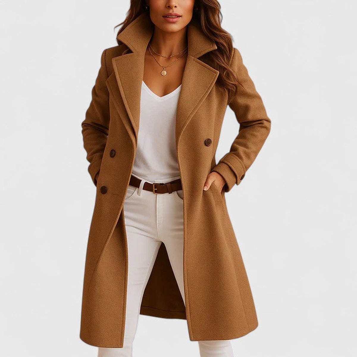 Léone - Manteau Long Cintré à Revers Cranés