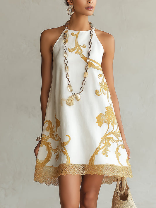 Héloïse | Robe Mini en Dentelle Blanche à Motifs Dorés