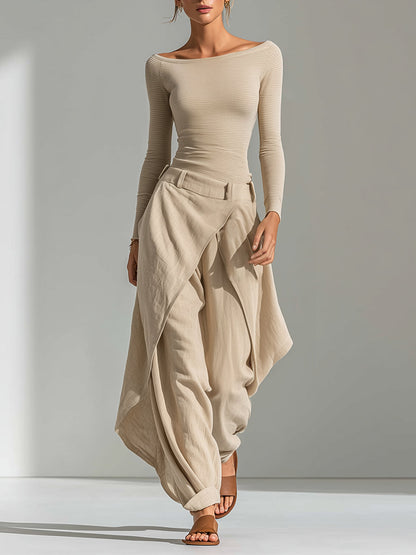 Domitille | Ensemble Deux Pièces Abricot – Top Décolleté Bateau et Pantalon Large