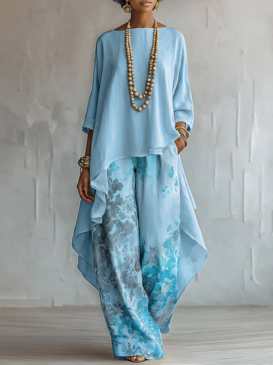 Anaïs | Ensemble Haut Asymétrique Bleu et Pantalon Large à Fleurs