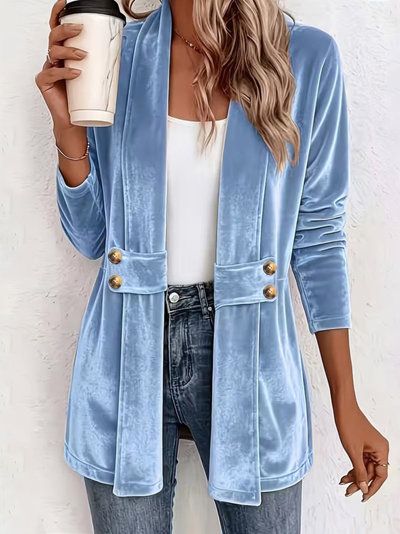 Marie-Ombeline - Manteau Cardigan Mi-long en Velours Doré