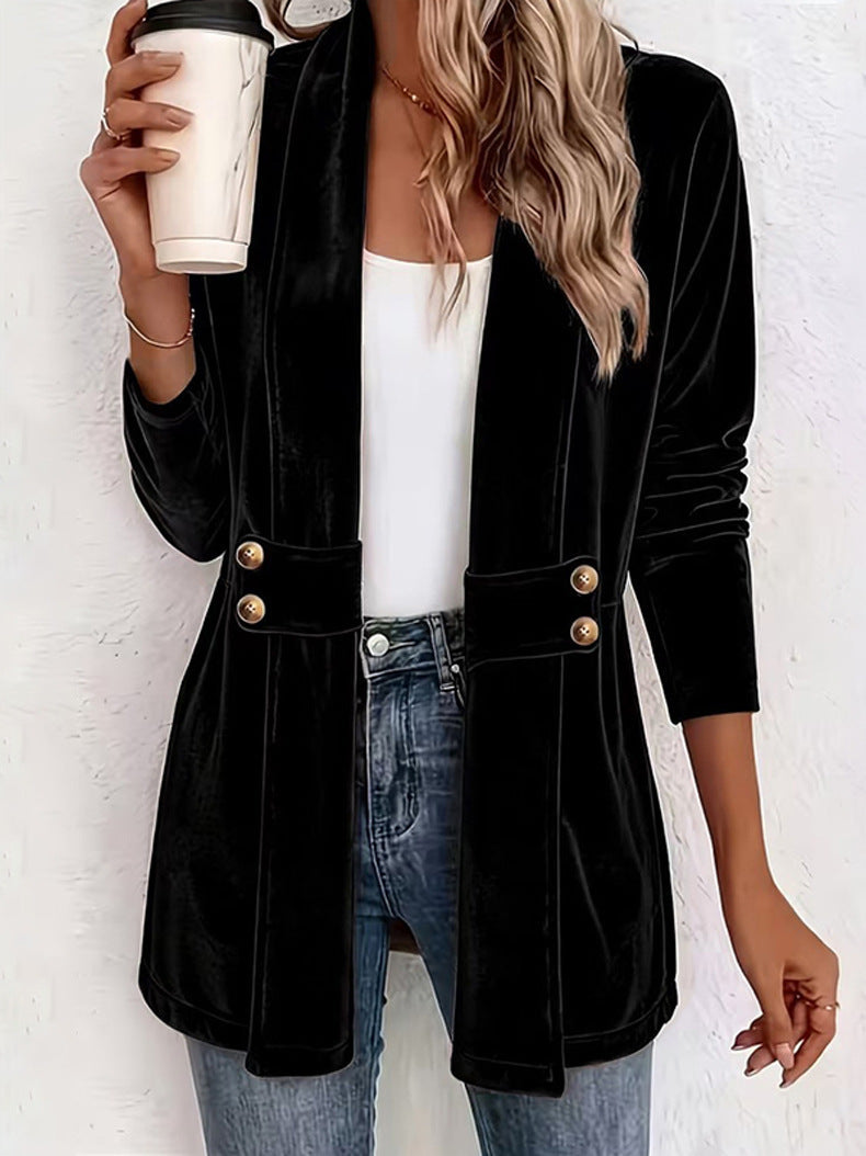 Marie-Ombeline - Manteau Cardigan Mi-long en Velours Doré