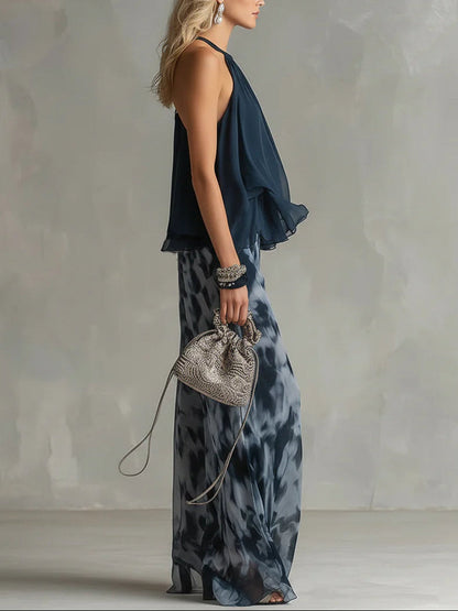 Ondine | Ensemble Haut Dos Nu Bleu Marine et Pantalon Large Imprimé en Mousseline