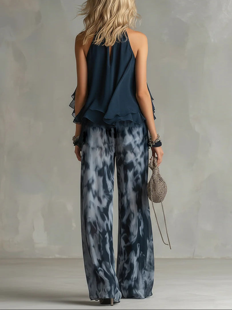 Ondine | Ensemble Haut Dos Nu Bleu Marine et Pantalon Large Imprimé en Mousseline