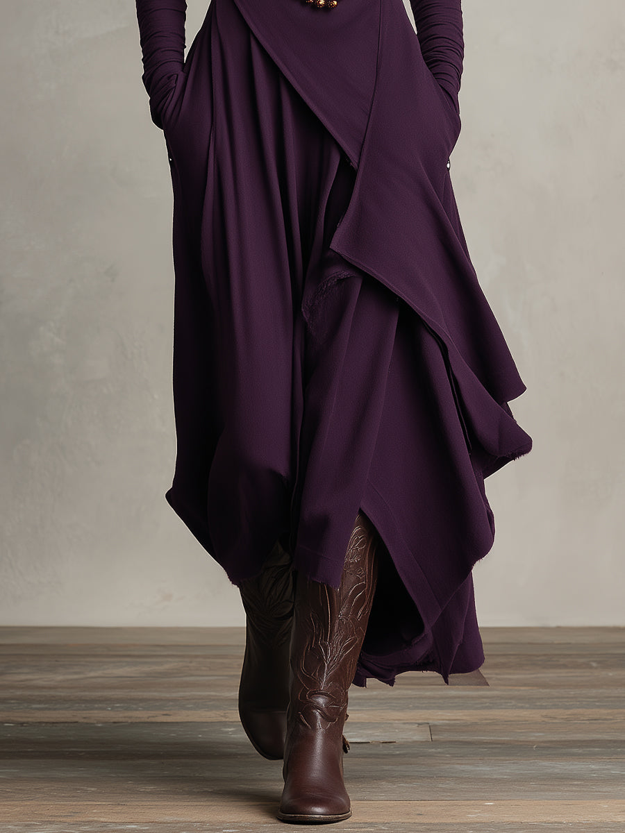 Édith - Robe Maxi Bohème en Coton à Col Montant et Drapé Asymétrique