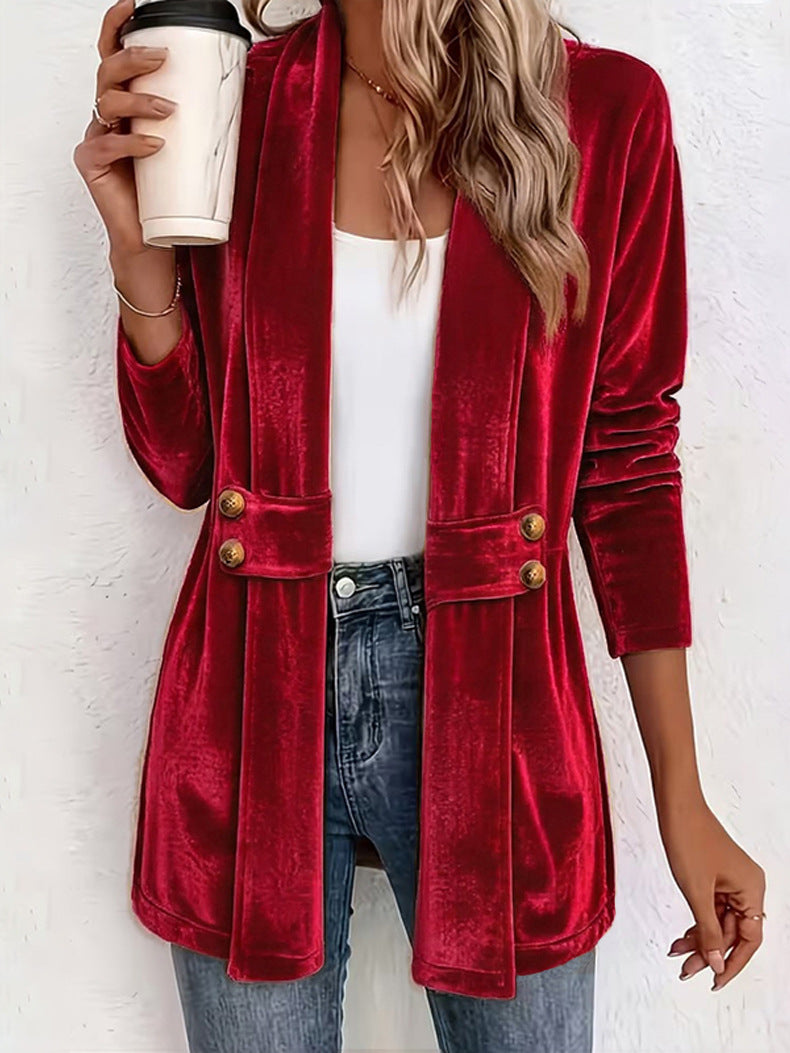 Marie-Ombeline - Manteau Cardigan Mi-long en Velours Doré