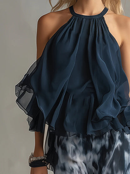 Ondine | Ensemble Haut Dos Nu Bleu Marine et Pantalon Large Imprimé en Mousseline
