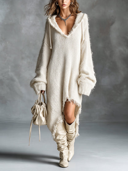 Améline - Robe Midi en Maille Duveteuse à Capuche