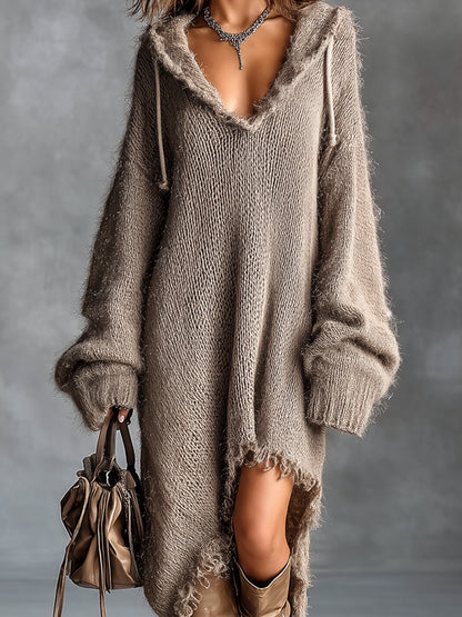 Améline - Robe Midi en Maille Duveteuse à Capuche
