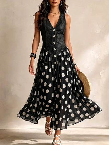 Gwenola - Robe Longue en Jean à Pois