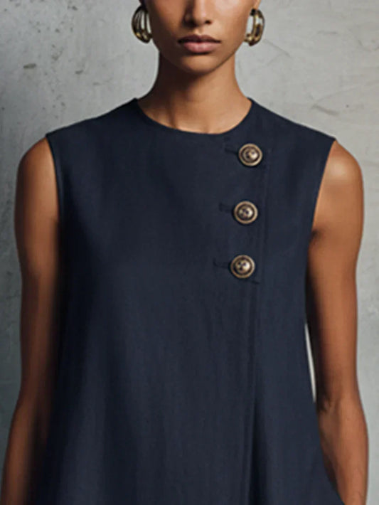 Ombeline | Mini-Robe Bleu Marine à Décolleté Rond, Boutonnage Asymétrique et Poche Latérale