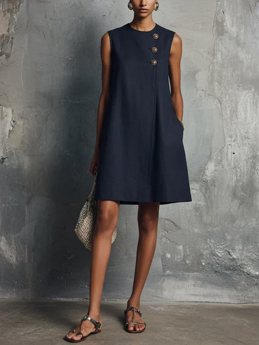 Ombeline | Mini-Robe Bleu Marine à Décolleté Rond, Boutonnage Asymétrique et Poche Latérale